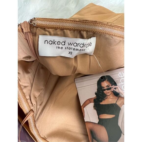 NWT Naked Wardrobe Revolve The Statement Strapless Gold Satin Dress Size XS - Picture 4 of 6